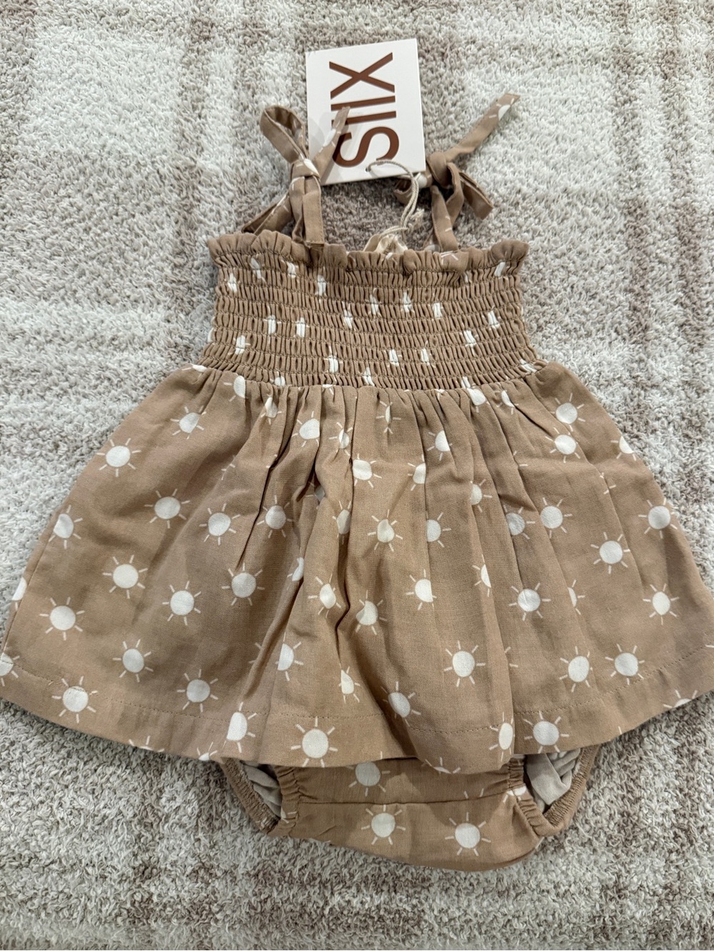 Tan Sun Print Smocked Dress & Diaper Cover Set